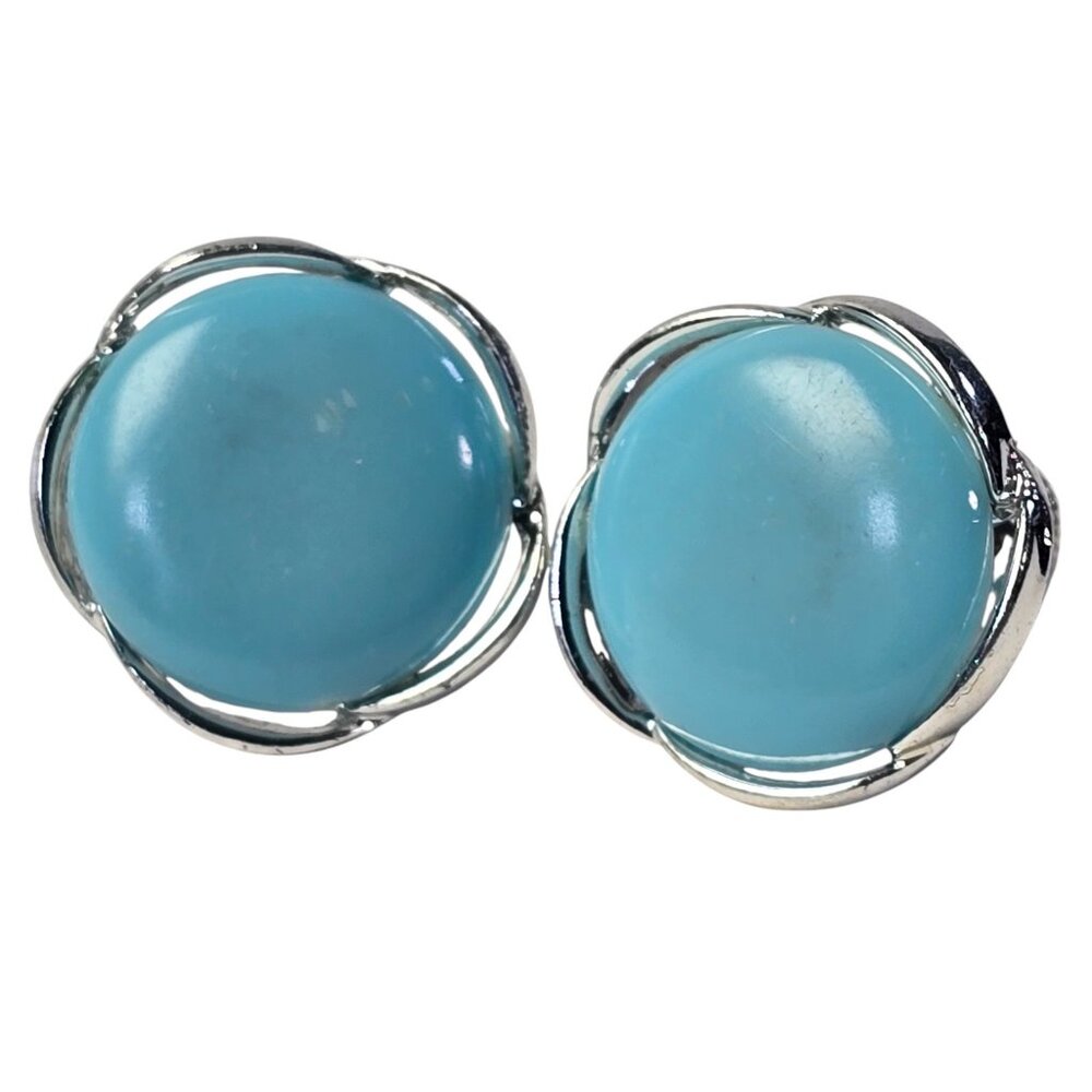 Vintage Lisner Blue Thermoset Screw Back Earrings Silver Tone 1960s Mid Century